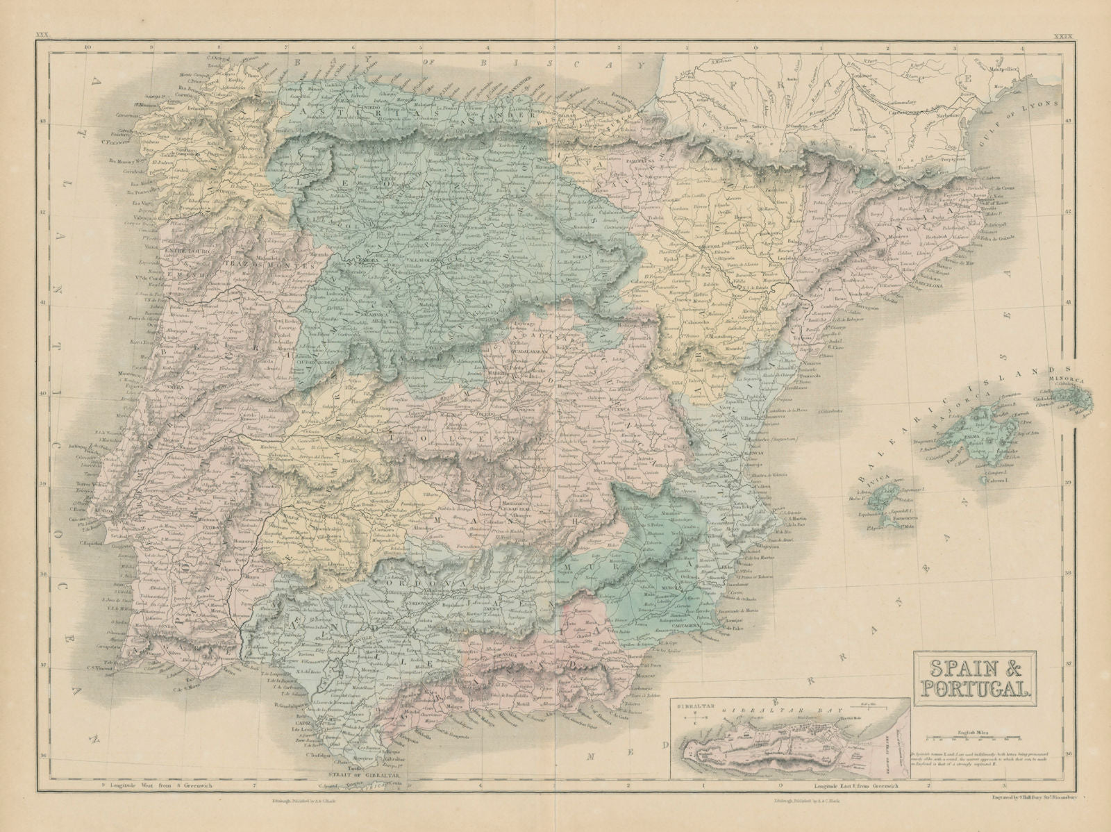 Spain & Portugal. Inset Gibraltar. Iberia. SIDNEY HALL 1856 old antique map